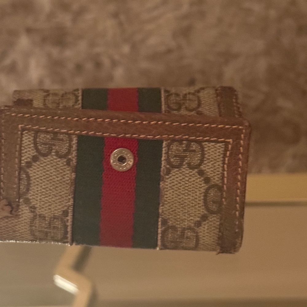 Gucci Brown Monogram Card Holder with Red and Green Stripe